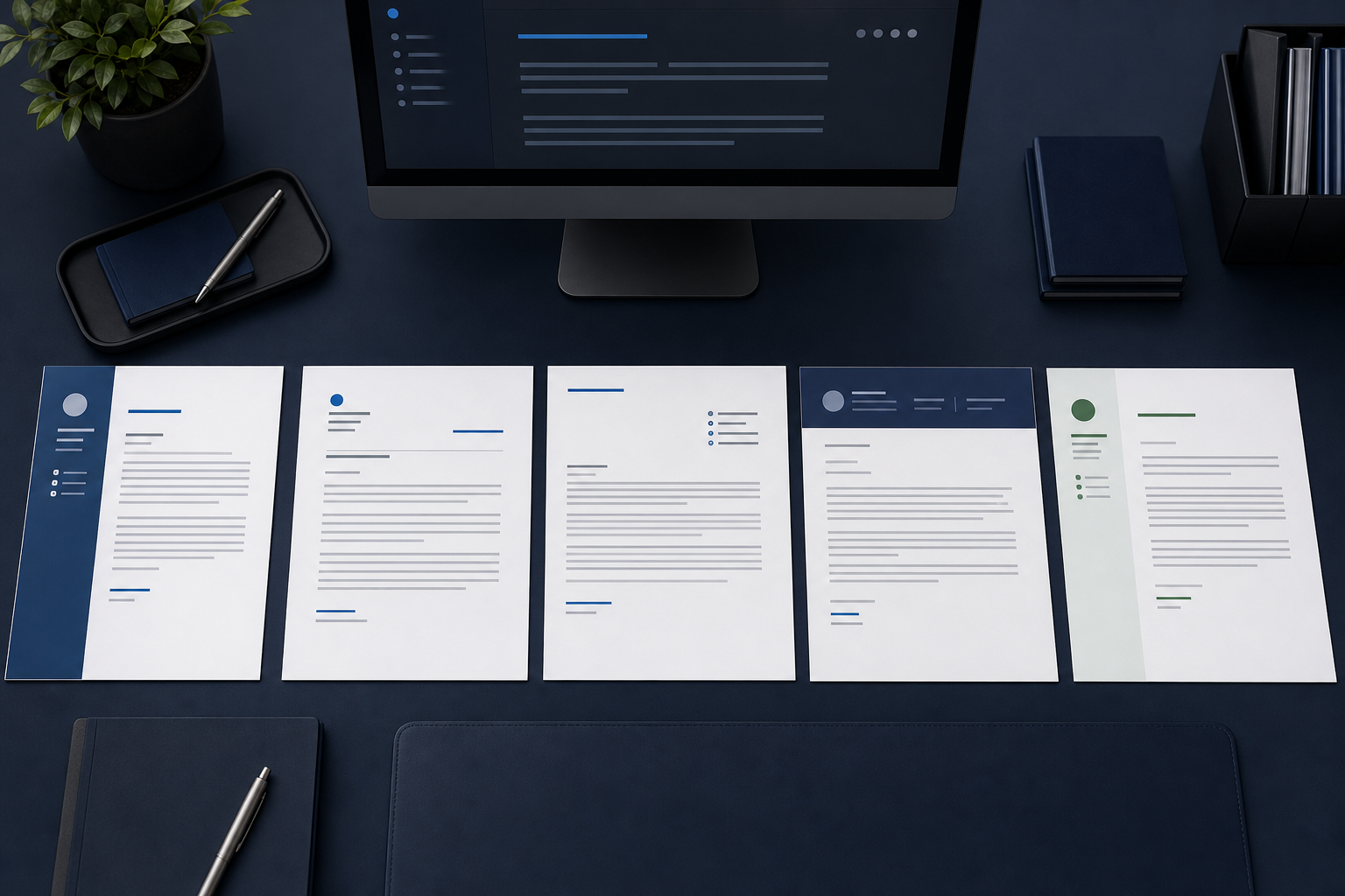 Five cover letter layout variations arranged across a dark navy editorial workspace